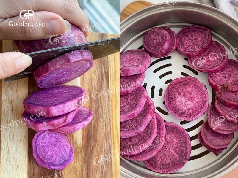 Hấp và nghiền khoai lang tím