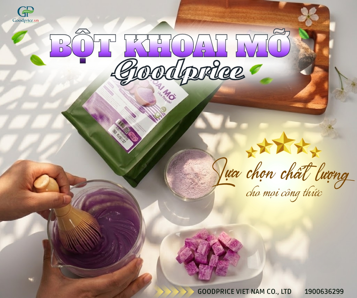 Túi bột khoai mỡ Goodprice cạnh tô bột khoai mỡ đã đánh tan và khoai mỡ cắt khối
