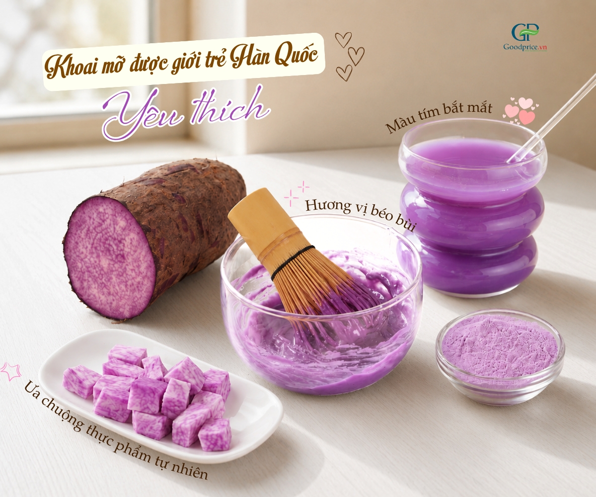 Bột khoai mỡ đánh tan cạnh củ khoai mỡ tím và ly đồ uống tím, chủ đề giới trẻ Hàn Quốc
