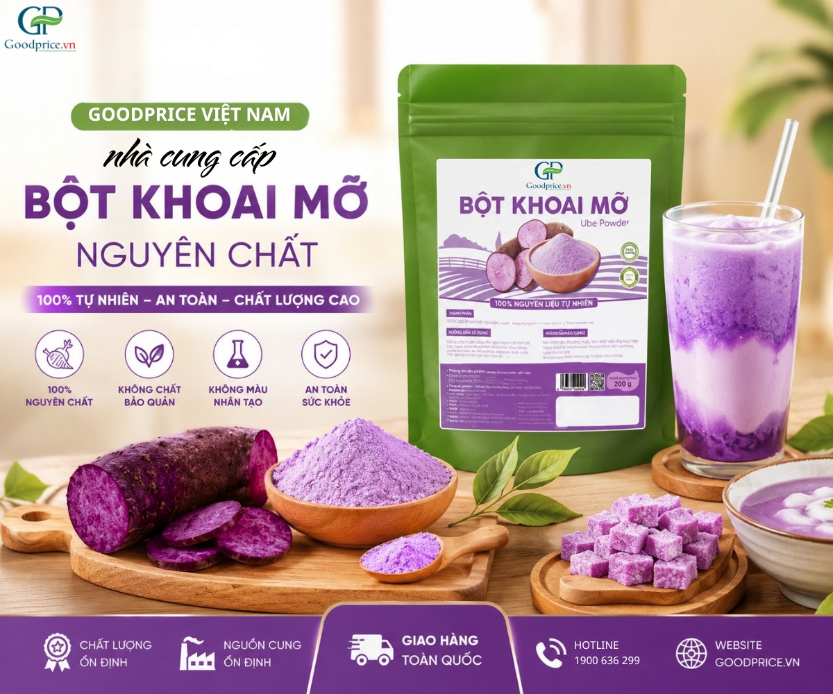T&uacute;i bột khoai mỡ nguy&ecirc;n chất Goodprice b&ecirc;n cạnh củ khoai mỡ t&iacute;m v&agrave; ly đồ uống