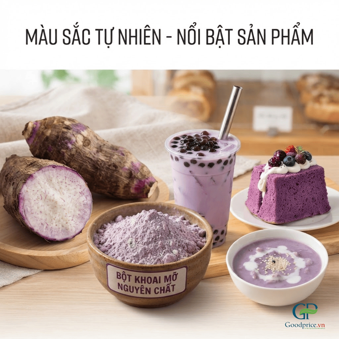 Củ khoai mỡ tím, bột khoai mỡ nguyên chất, trà sữa và bánh có màu tím tự nhiên