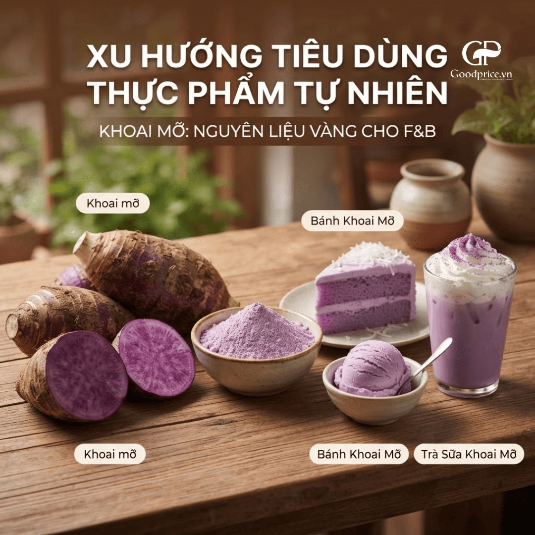 Củ khoai mỡ tím cắt đôi bên bột khoai mỡ, bánh, kem và trà sữa khoai mỡ